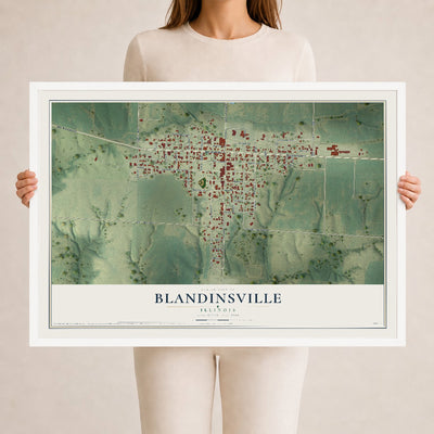Map of Blandinsville, Illinois, 24 x 36 inch print in a white wood frame