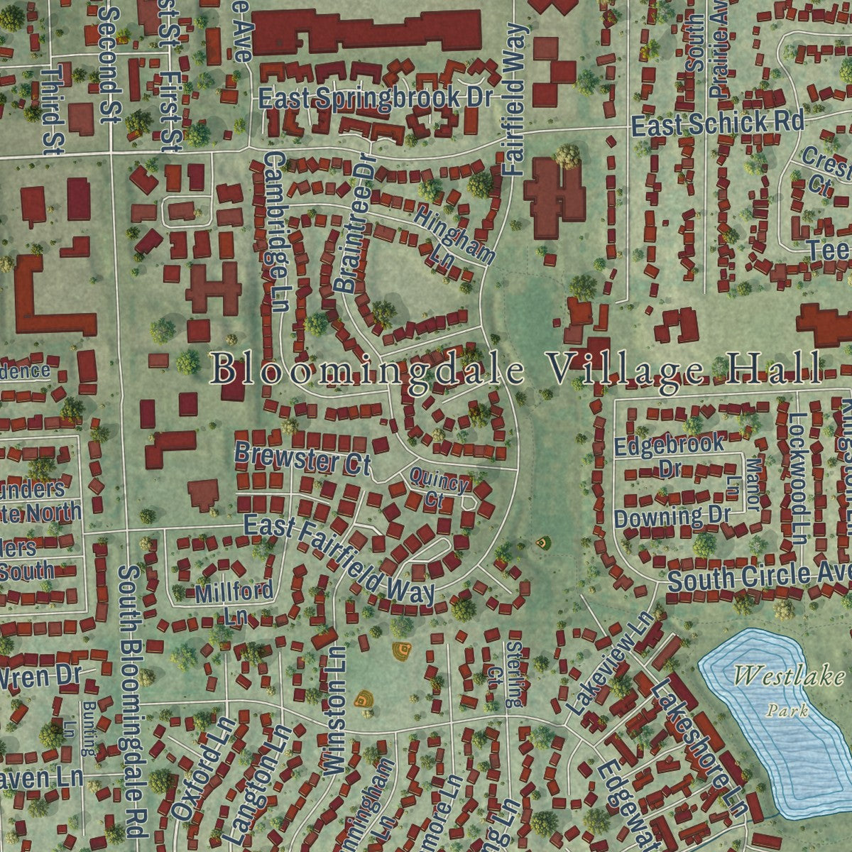 Close-up of the map of Bloomingdale, Illinois print showing street and building detail