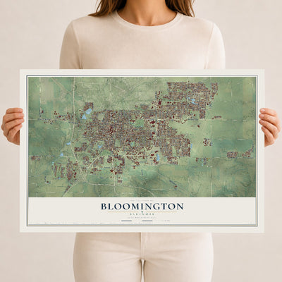 Map of Bloomington, Illinois, 12 x 18 inch unframed archival matte print