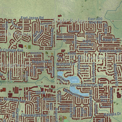 Close-up of the map of Bloomington, Illinois print showing street and building detail