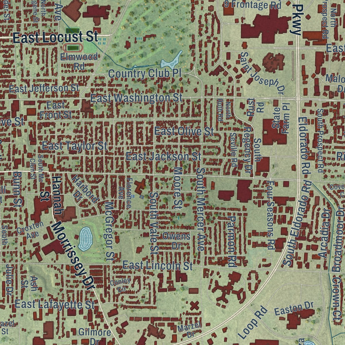 Second close-up of the map of Bloomington, Illinois print showing more streets and buildings