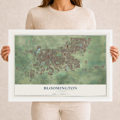 Map of Bloomington, Illinois, 12 x 18 inch print in a white wood frame