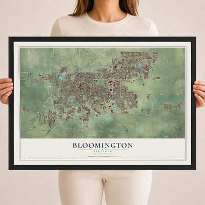 Map of Bloomington, Illinois, 18 x 24 inch print in a black wood frame