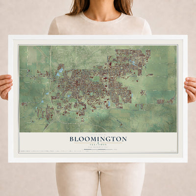 Map of Bloomington, Illinois, 18 x 24 inch print in a white wood frame