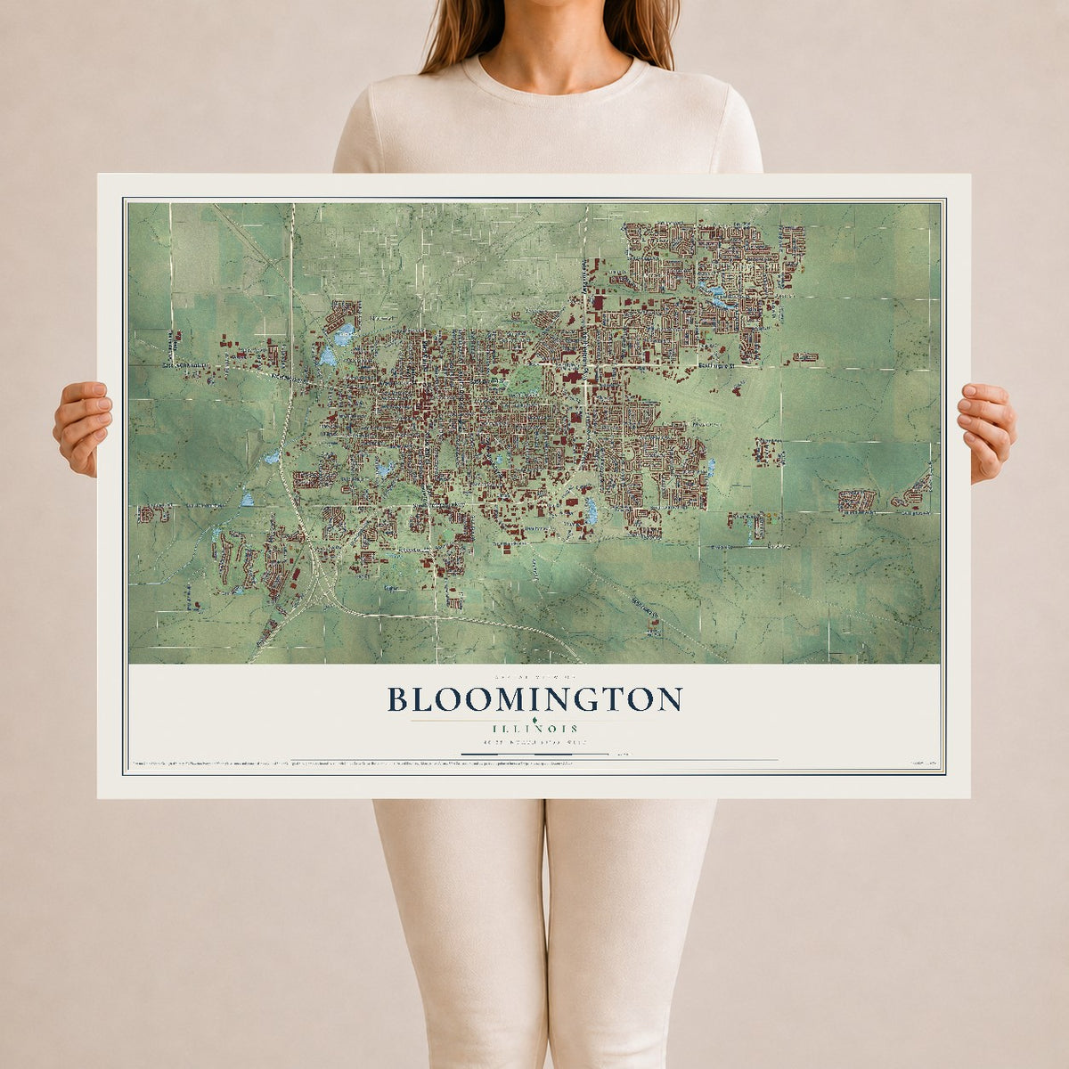 Map of Bloomington, Illinois, 24 x 36 inch unframed archival matte print