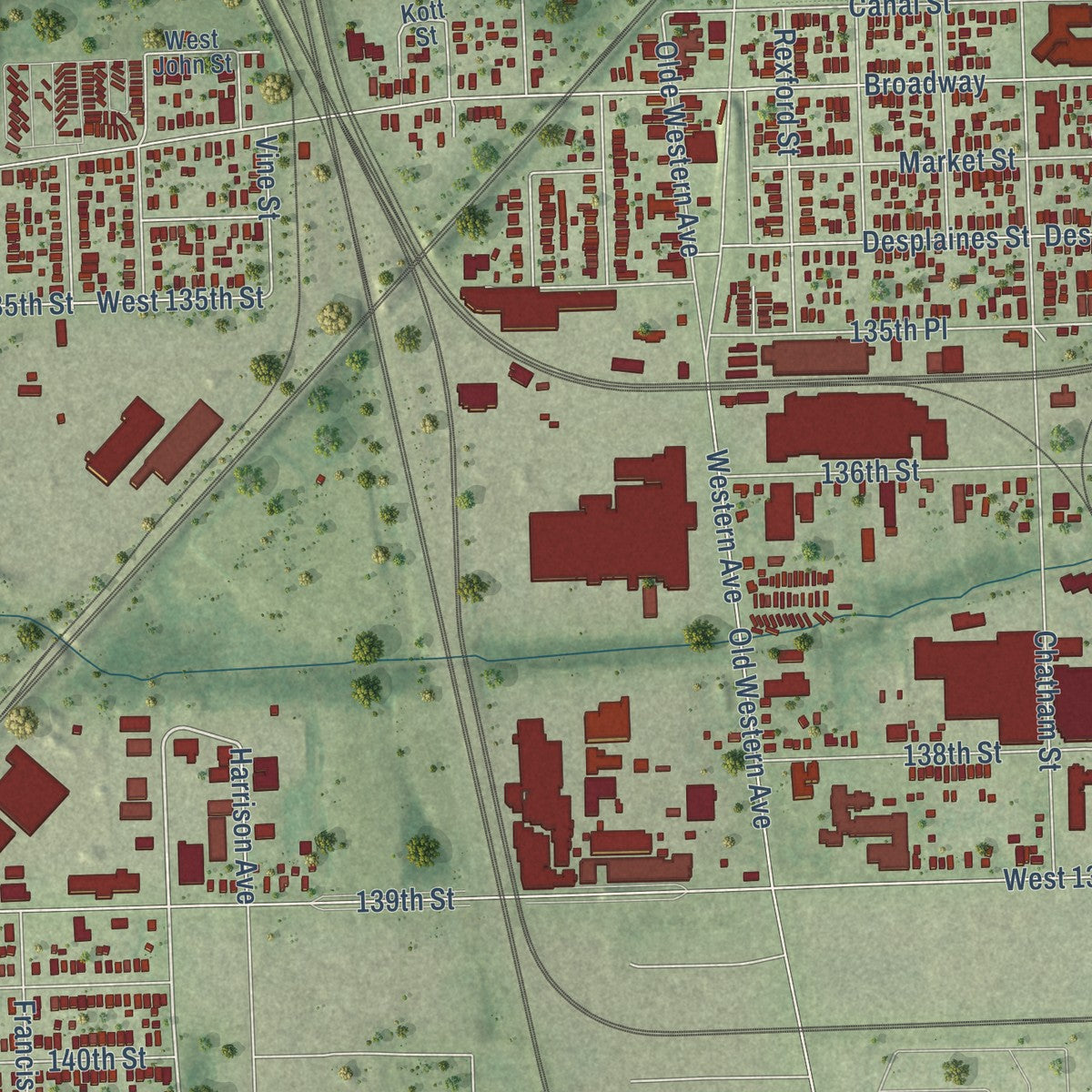 Second close-up of the map of Blue Island, Illinois print showing more streets and buildings