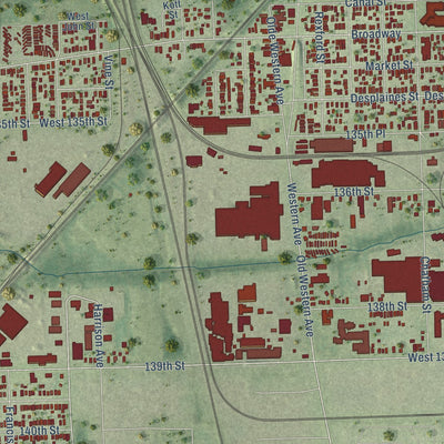 Second close-up of the map of Blue Island, Illinois print showing more streets and buildings