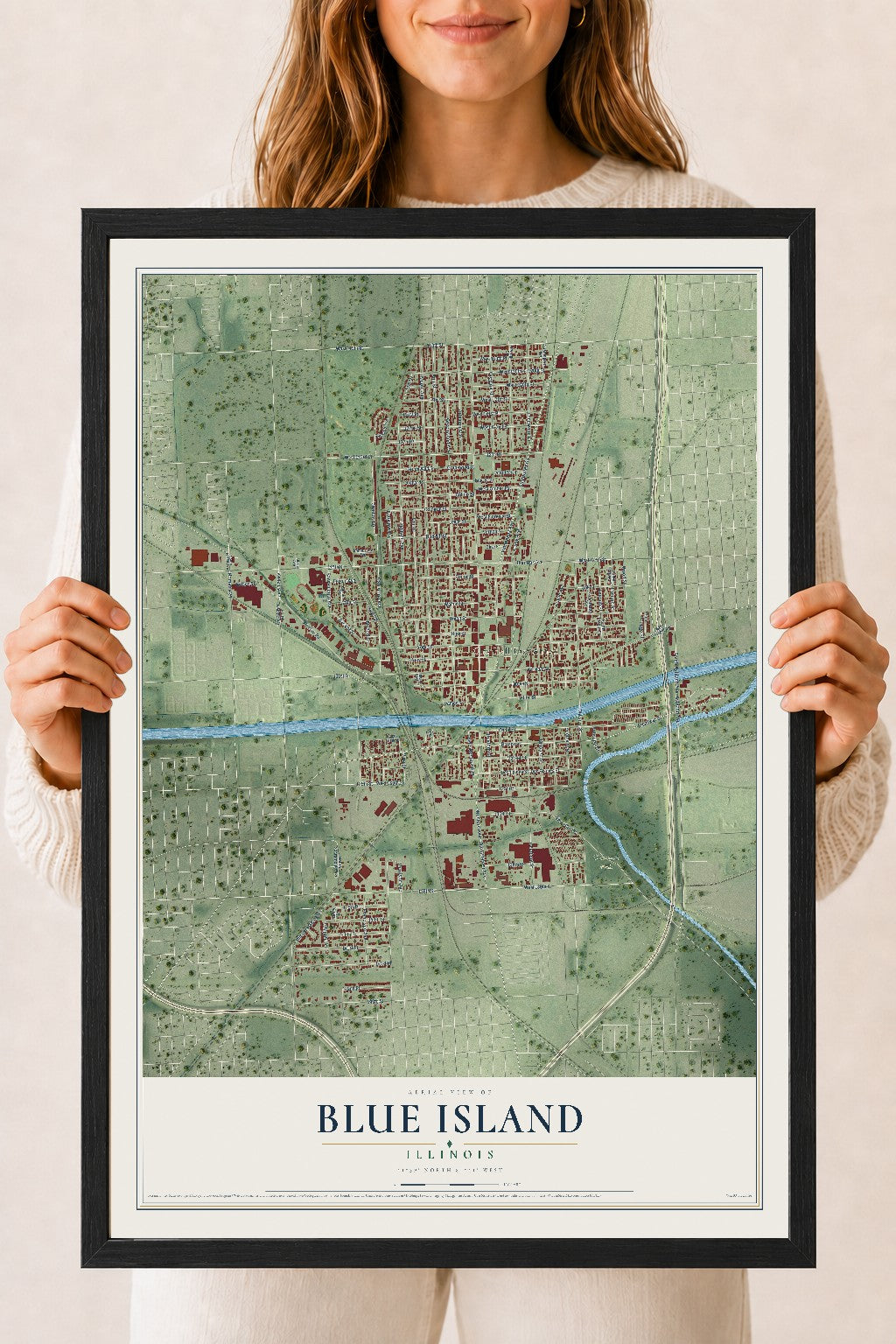 Map of Blue Island, Illinois, 18 x 24 inch print in a black wood frame