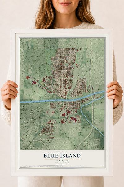 Map of Blue Island, Illinois, 18 x 24 inch print in a white wood frame