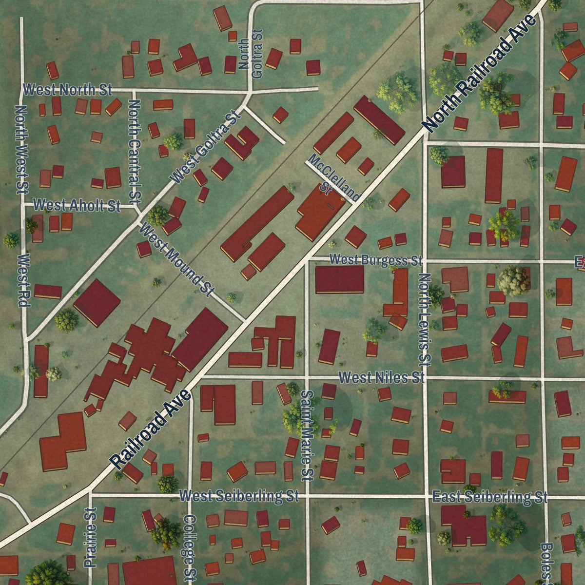 Close-up of the map of Blue Mound, Illinois print showing street and building detail