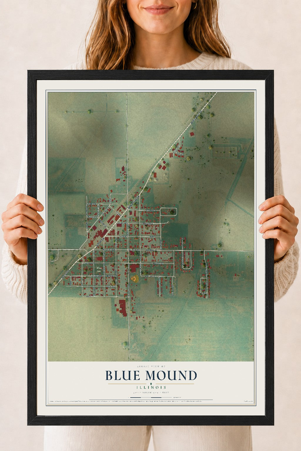 Map of Blue Mound, Illinois, 18 x 24 inch print in a black wood frame