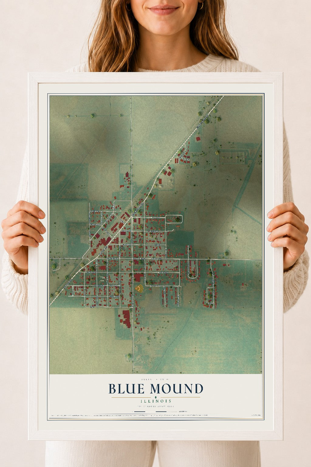 Map of Blue Mound, Illinois, 18 x 24 inch print in a white wood frame