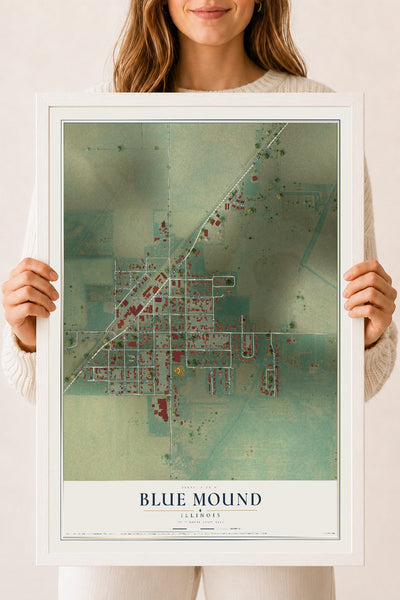 Map of Blue Mound, Illinois, 18 x 24 inch print in a white wood frame