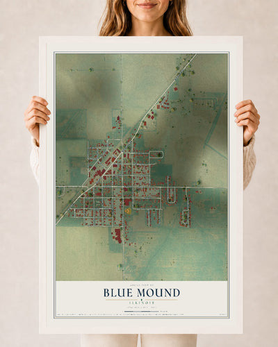 Map of Blue Mound, Illinois, 24 x 36 inch print in a white wood frame