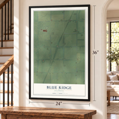Blue Ridge, Illinois map, 24 x 36 inch print in a black frame by a staircase