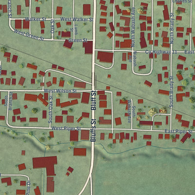 Close-up of the map of Bluffs, Illinois print showing street and building detail