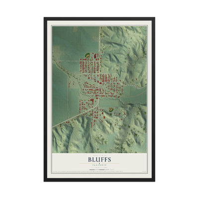 Map of Bluffs, Illinois, 12 x 18 inch print in a black wood frame