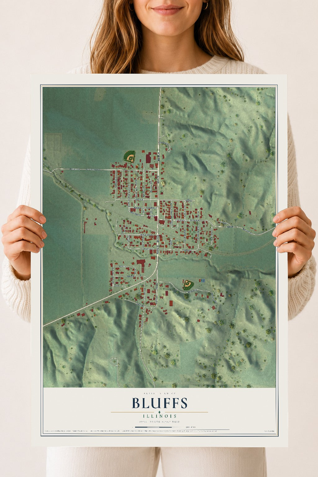 Map of Bluffs, Illinois, 18 x 24 inch unframed archival matte print