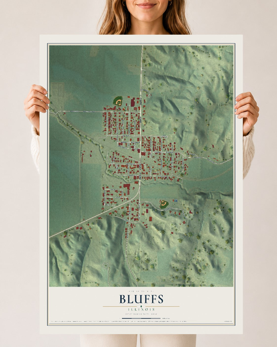 Map of Bluffs, Illinois, 24 x 36 inch unframed archival matte print