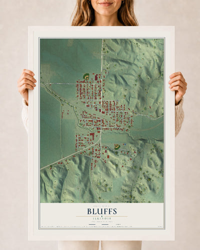 Map of Bluffs, Illinois, 24 x 36 inch print in a white wood frame
