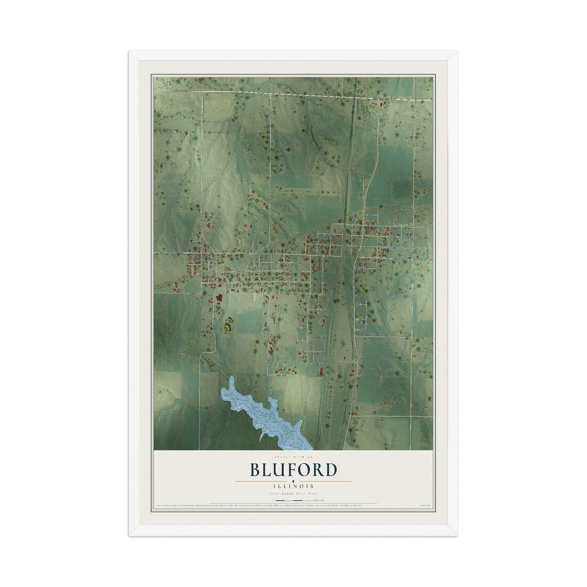 Map of Bluford, Illinois, 12 x 18 inch print in a white wood frame
