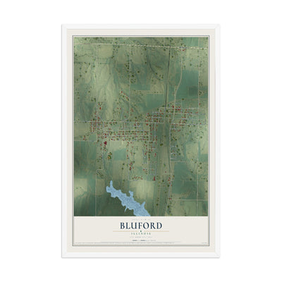 Map of Bluford, Illinois, 12 x 18 inch print in a white wood frame