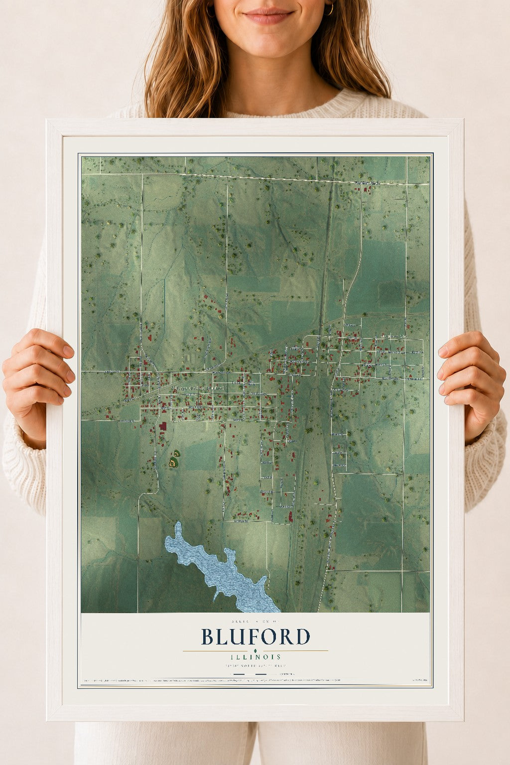 Map of Bluford, Illinois, 18 x 24 inch print in a white wood frame