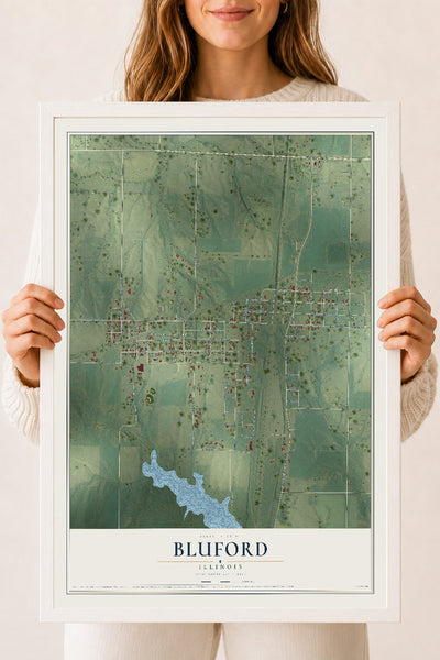 Map of Bluford, Illinois, 18 x 24 inch print in a white wood frame