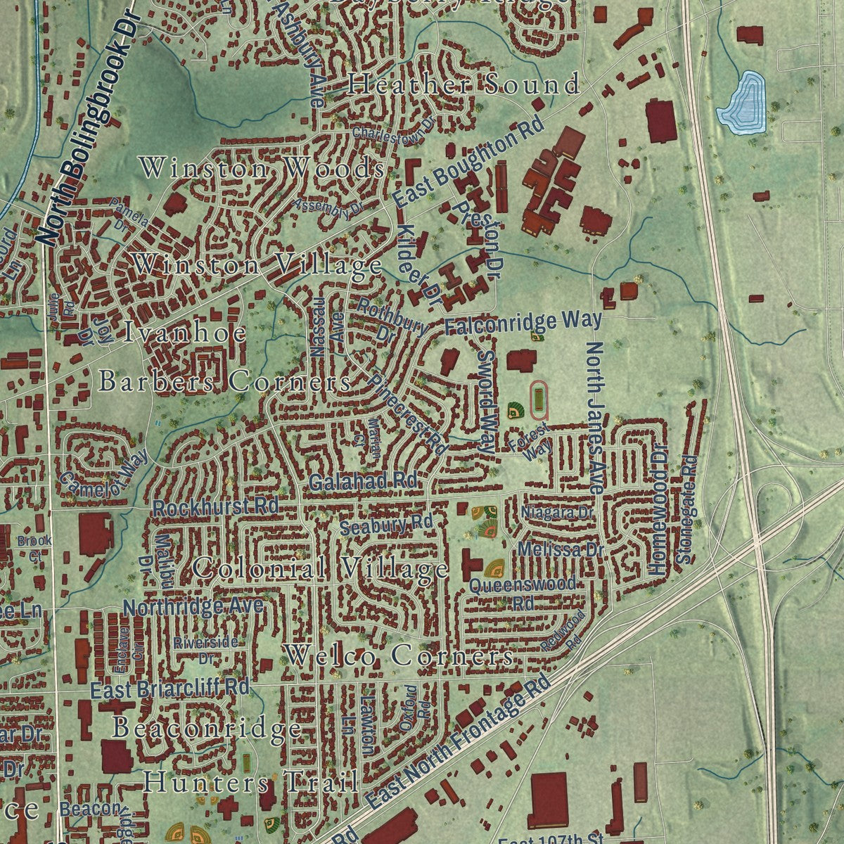 Close-up of the map of Bolingbrook, Illinois print showing street and building detail