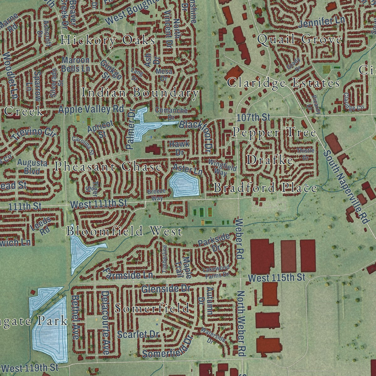 Second close-up of the map of Bolingbrook, Illinois print showing more streets and buildings