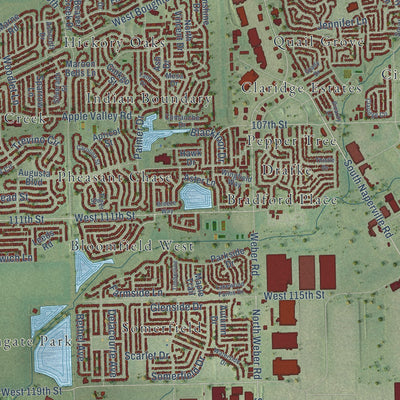 Second close-up of the map of Bolingbrook, Illinois print showing more streets and buildings