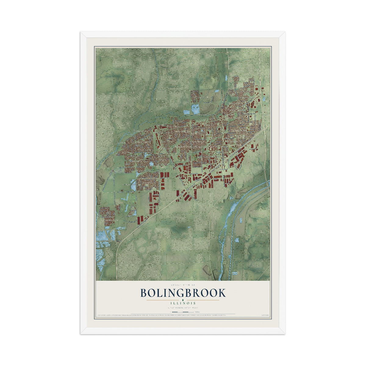 Map of Bolingbrook, Illinois, 12 x 18 inch print in a white wood frame