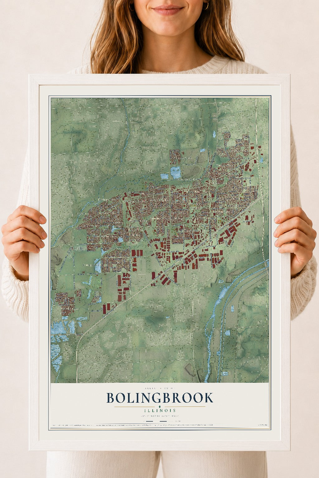 Map of Bolingbrook, Illinois, 18 x 24 inch print in a white wood frame