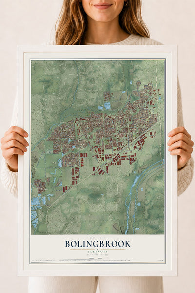 Map of Bolingbrook, Illinois, 18 x 24 inch print in a white wood frame