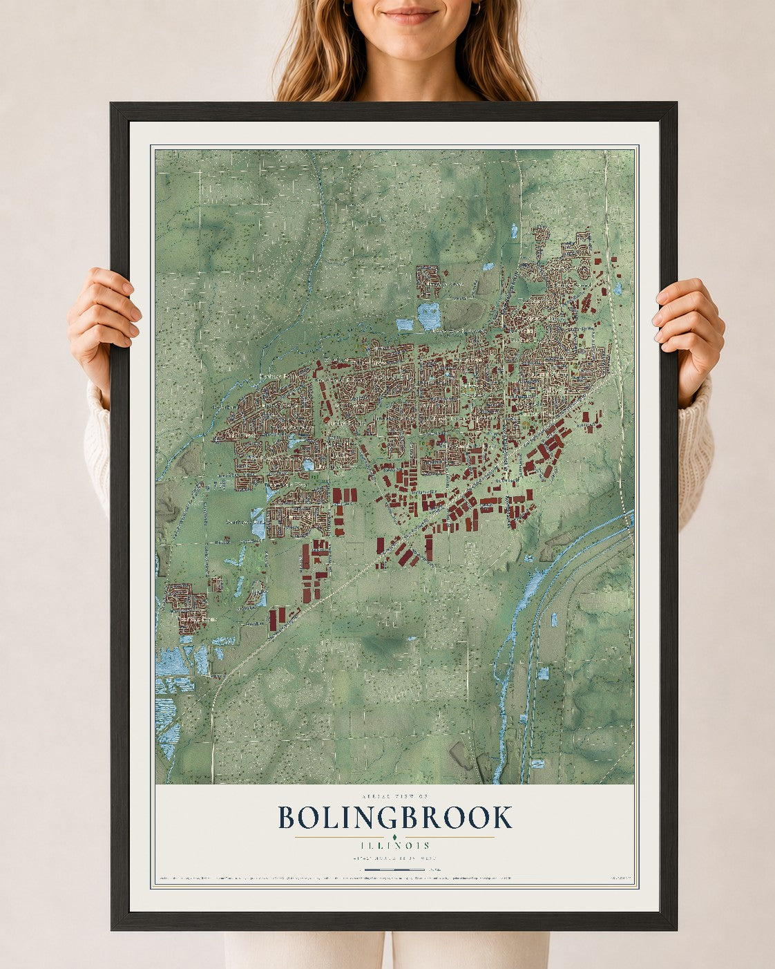 Map of Bolingbrook, Illinois, 24 x 36 inch print in a black wood frame