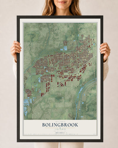 Map of Bolingbrook, Illinois, 24 x 36 inch print in a black wood frame