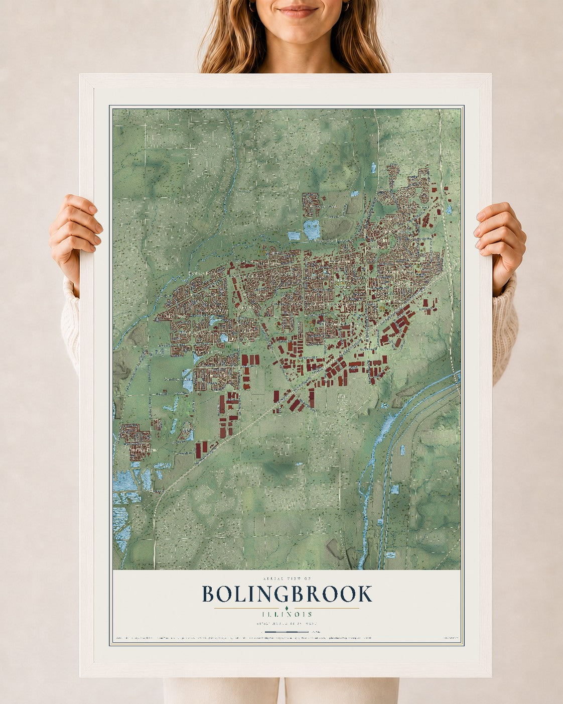 Map of Bolingbrook, Illinois, 24 x 36 inch print in a white wood frame