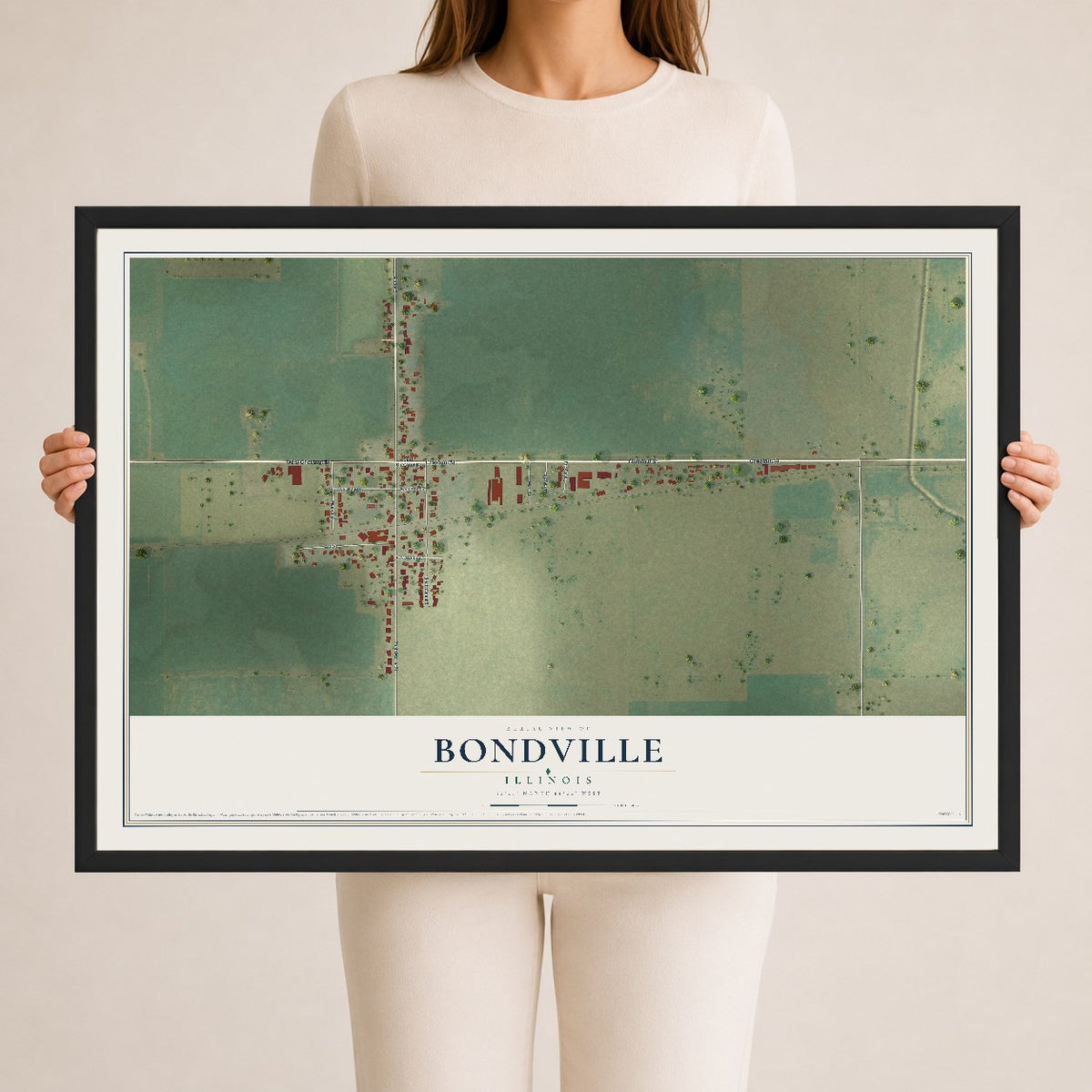 Map of Bondville, Illinois, 24 x 36 inch print in a black wood frame