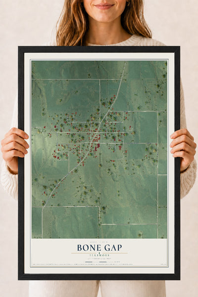 Map of Bone Gap, Illinois, 18 x 24 inch print in a black wood frame