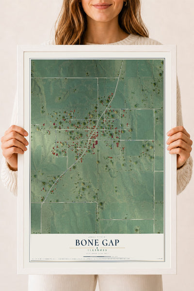 Map of Bone Gap, Illinois, 18 x 24 inch print in a white wood frame