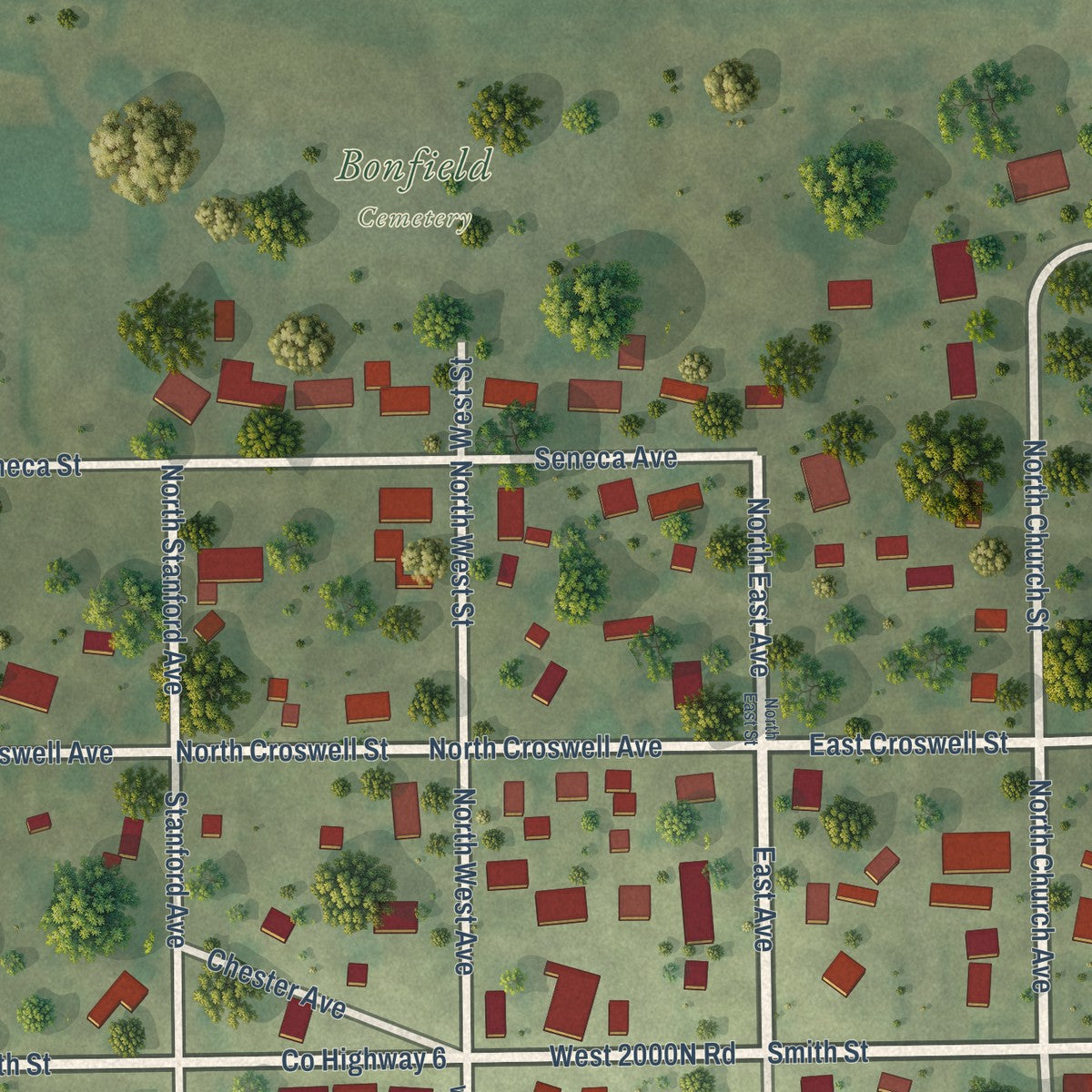 Close-up of the map of Bonfield, Illinois print showing street and building detail