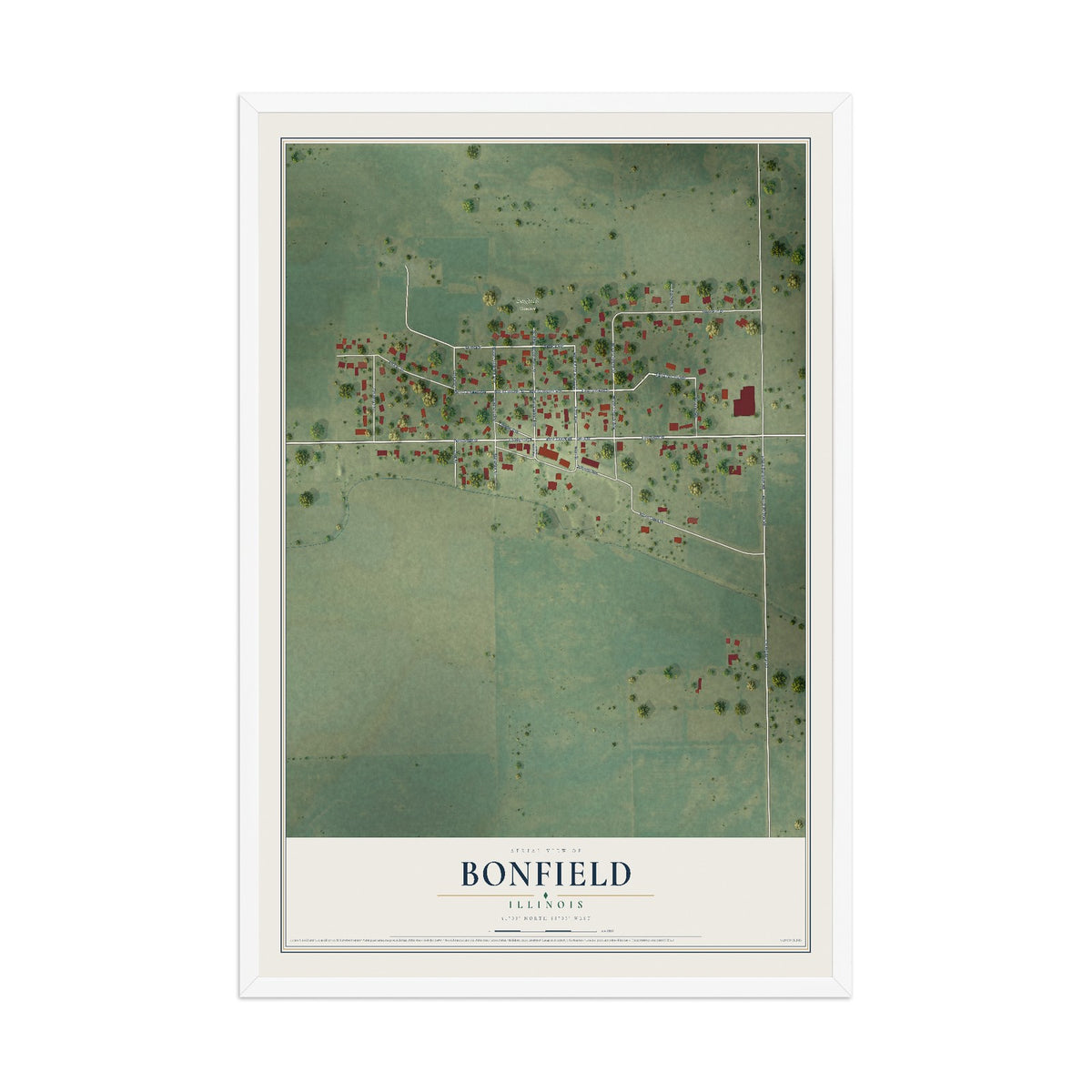 Map of Bonfield, Illinois, 12 x 18 inch print in a white wood frame