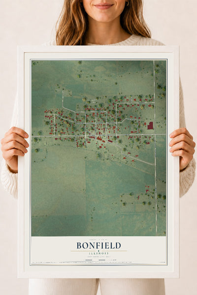 Map of Bonfield, Illinois, 18 x 24 inch print in a white wood frame