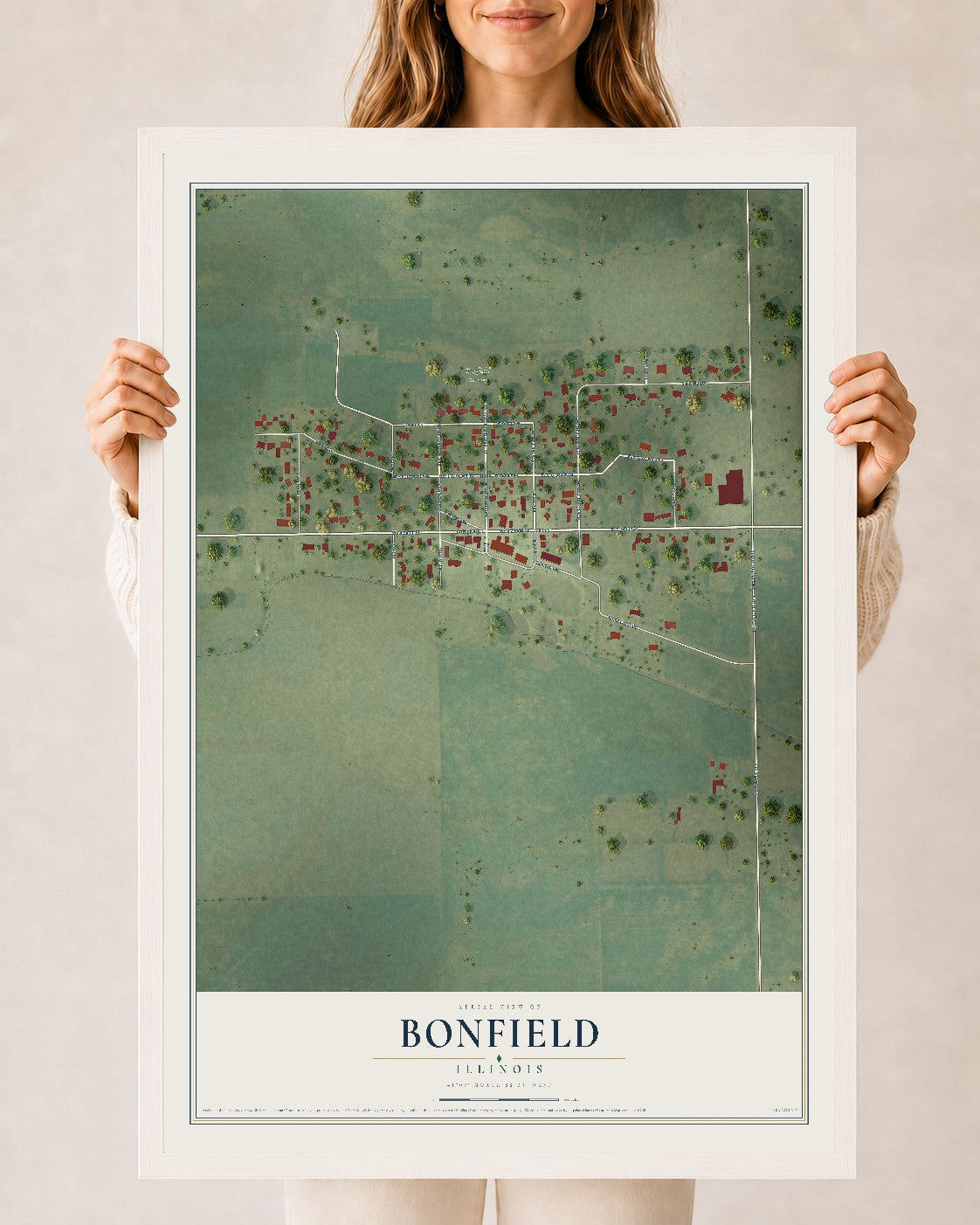 Map of Bonfield, Illinois, 24 x 36 inch print in a white wood frame