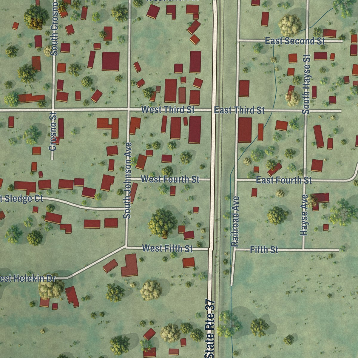 Close-up of the map of Bonnie, Illinois print showing street and building detail