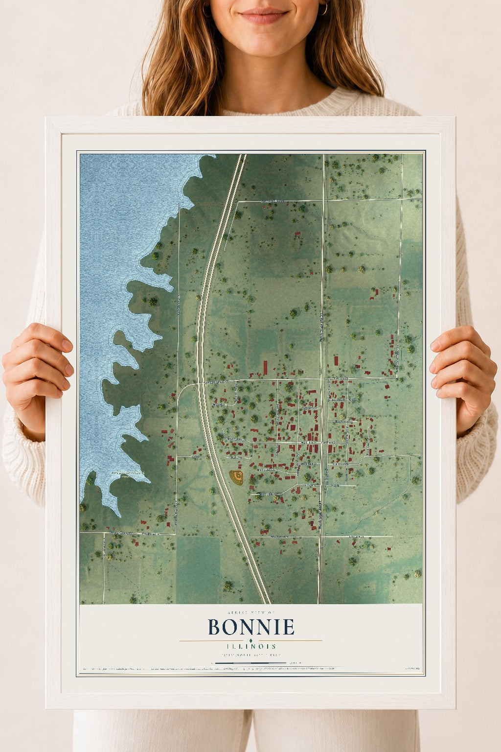 Map of Bonnie, Illinois, 18 x 24 inch print in a white wood frame