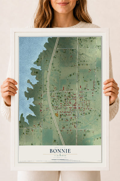 Map of Bonnie, Illinois, 18 x 24 inch print in a white wood frame