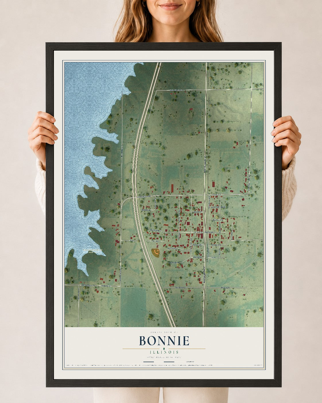 Map of Bonnie, Illinois, 24 x 36 inch print in a black wood frame