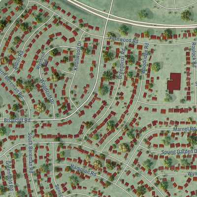 Second close-up of the map of Boulder Hill, Illinois print showing more streets and buildings