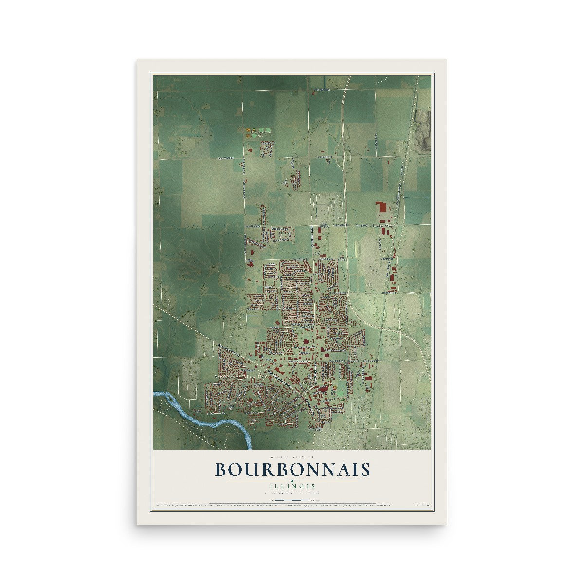 Map of Bourbonnais, Illinois, 12 x 18 inch unframed archival matte print